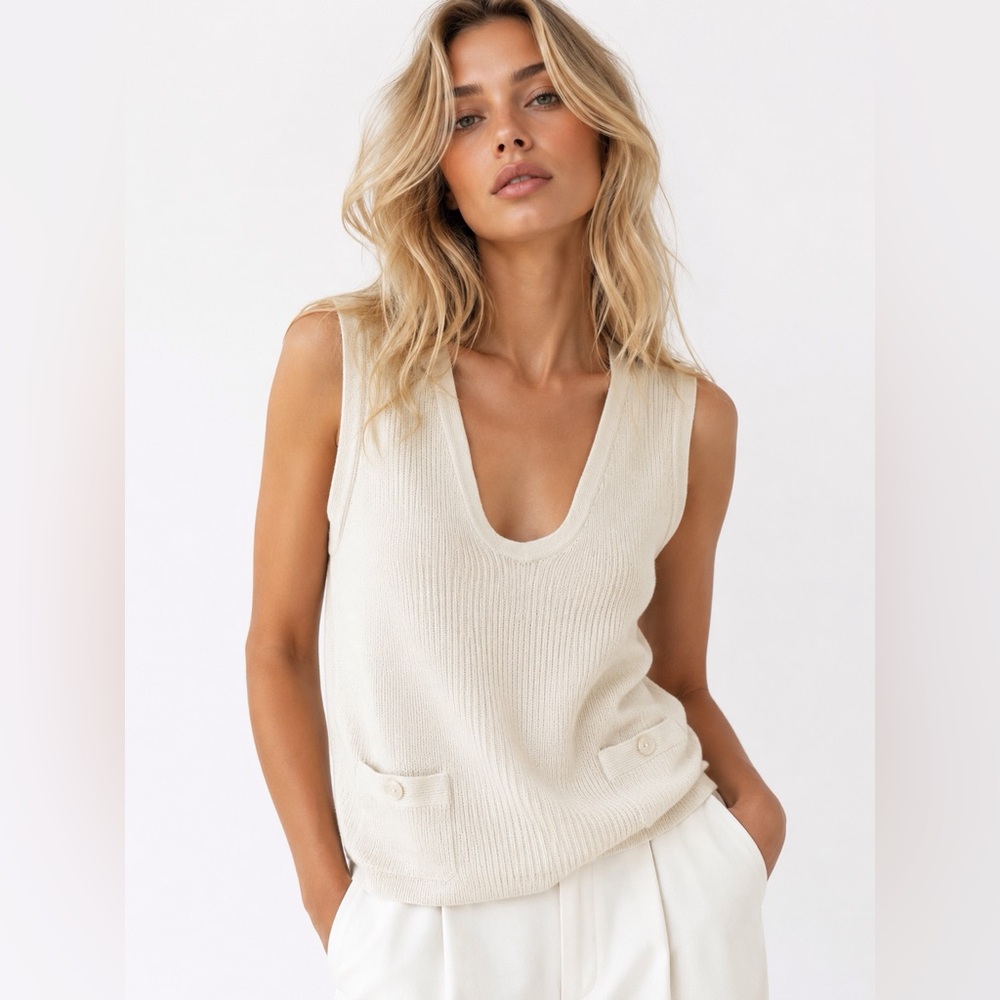 Vintage Rare Chanel Cotton Cream Knit Sleeveless V-Neck Tank Top